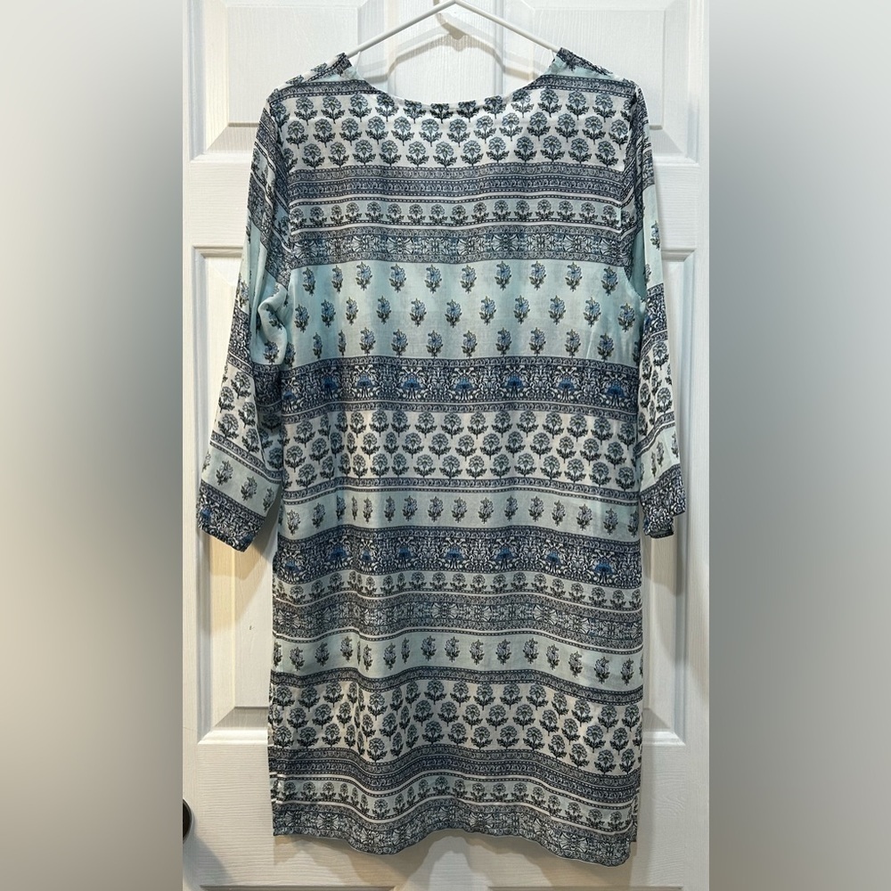 J Jill Top Sz M Blue Floral Paisley Tunic Blouse Flowy Sheer Boho Beach Cover Up - Picture 2 of 16